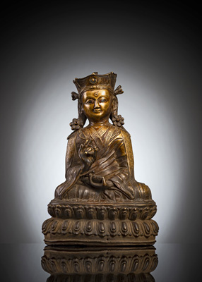 <b>Feine Bronze des Padmasambhava mit Silbereinlagen</b>