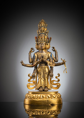 <b>Feuervergoldete Kupfer-Repoussé-Figur des Ekadasha-Lokeshvara</b>