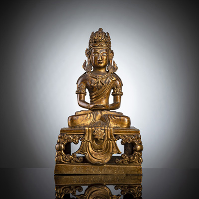 <b>Feuervergoldete Bronze des Amitayus auf einem Thron</b> <b>Feuervergoldete Bronze des Amitayus auf einem Thron</b>