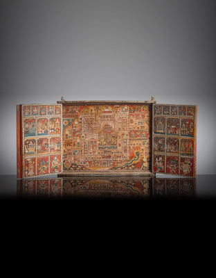 <b>Jain-Altarschrein aus Holz mit polychromer Fassung und Szenen aus dem Leben des Krishna</b>