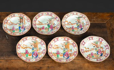 <b>SIX 'FAMILLE ROSE' FIGURAL FLORIFORM PORCELAIN SAUCERS</b>