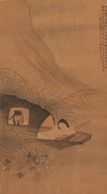 <b>Malerei mit Darstellung der Schönheit Xi Shi und dem Staatsberater Fan Li im Boot. Tusche und Farben auf Papier, Hängerolle</b>