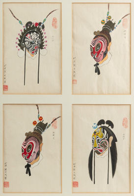 <b>A SERIES OF FOUR PEKING OPERA MASK PAITINGS, A REVERSE GLASS PAINTING WITH A SCHOLAR AND HIS SERVANT AND A COLOR WOODBLOCK PRINT DEPICTING A SQUIRREL AND GRAPES</b>