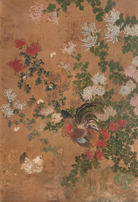 <b>Malerei mit Hühnern zwischen Chrysanthemen</b>