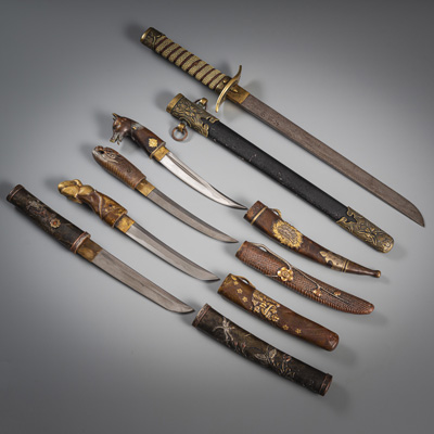 <b>FIVE FLORAL AND PRUNUS DECORATED SHORTSWORDS AND DAGGERS</b>