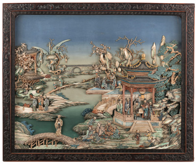 <b>Kaiserliches Reliefbild aus Lack und Elfenbein und Bein in einem Hartholzrahmen</b> <b>Kaiserliches Reliefbild aus Lack und Elfenbein und Bein in einem Hartholzrahmen</b>