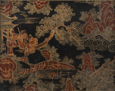 <b>A GILT-LACQUERED PAINTING OF SCHOLARS IN A LANDSCAPE</b>
