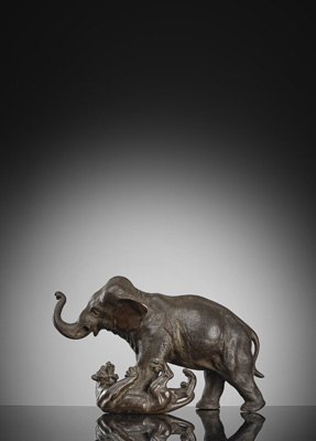 <b>A BRONZE MODEL OF AN ELEPHANT AND A TIGER</b>
