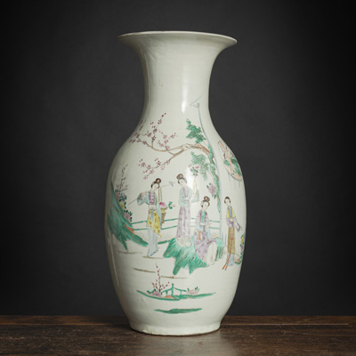 <b>A POLYCHROME PATINTED PORCELAIN BALUSTER VASE WITH LADIES IN A GARDEN AND A POEM INSCRIPTION</b>