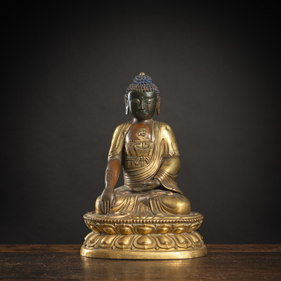 <b>Partiell vergoldete Skulptur des Buddha Shakyamuni</b>