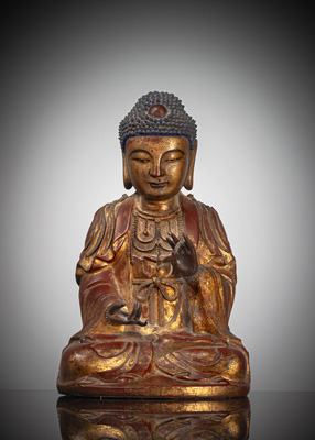 <b>Lackvergoldete Figur eines Bodhisattva aus Holz und Trockenlack</b>
