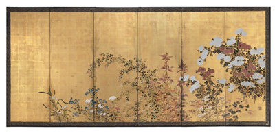 <b>Sechsteiliger Stellschirm ( Byôbu) mit Darstellung einer blühenden Sommerlandschaft eines Malers der Rimpa-Schule</b>