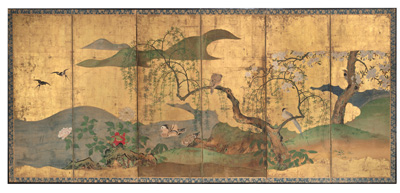 <b>Sechsteiliger Stellschirm (Byôbu) mit Frühlingslandschaft eines anonymen Malers der Kano-Schule</b>