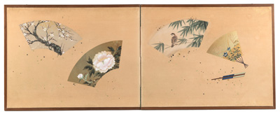 <b>Zweiteiliger Japan (Byôbu) mit vier Malereien in Fächerformat</b>