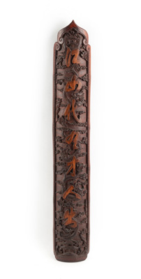 <b>A CARVED BAMBOO PANEL WITH FIVE DRAGONGS IN CLOUDS OVER A PAVILION AND A VERSE FROM A QING PERIOD POEM</b>