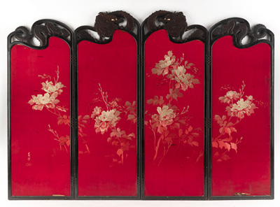 <b>A FOUR-FOLD RED-GROUND FLORAL SILK SCREEN</b>