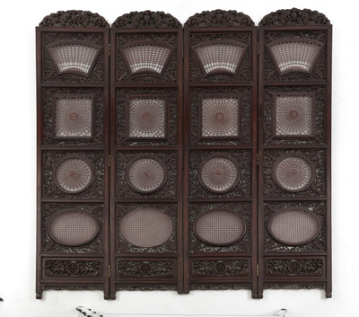 <b>A FOUR-FOLD OPENWORK FLORAL, BAMBOO, AND ANIMAL SCREEN WITH MATTED RESERVES AND DRAGON CRESTS</b>