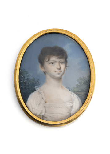 <b>Portrait eines Mädchens in weitem Kleid vor Landschaftshintergrund</b>