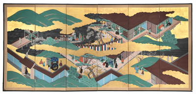 <b>Paar sechsteilige Stellschirme (Byôbu) mit Szenen am Hof im Stil der Tosa-Schule</b>