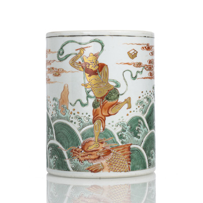 <b>Seltener 'Famille verte'-Pinselbecher mit Kui Xing und Gedicht</b>