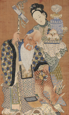 <b>Feines Kesi mit Darstellung von Xiwangmu und Shoulao auf rot-orangem Fond unter Glas gerahmt</b>