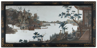<b>Feine Hinterglasmalerei einer chinoisen Szene mit Spiegelfläche in einem Rahmen von des Londoner Rahmenmachers John Brice Smith Ltd. (1922 - 65)</b>