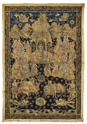 <b>Großes Gold-Pichwai mit Krishna und Gopi</b>