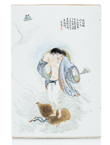 <b>A PORCELAIN PANEL WITH THE IMMORTAL LI TIEGUAI CROSSING THE RIVER BY WU HAIFENG</b> <b>A PORCELAIN PANEL WITH THE IMMORTAL LI TIEGUAI CROSSING THE RIVER BY WU HAIFENG</b>