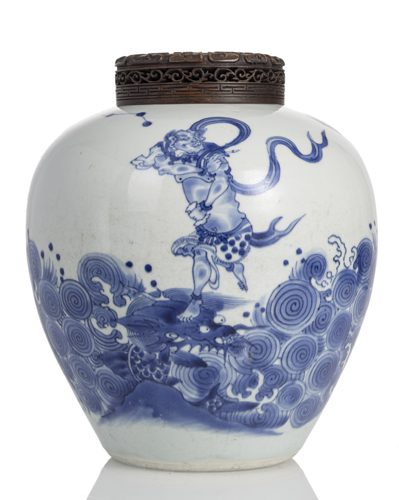 <b>A RARE UNDERGLAZE BLUE PORCELAIN SHOULDER POT WITH DEPICTION OF KUI XING ABOVE WAVES WITH POEM INSCRIPTION</b>