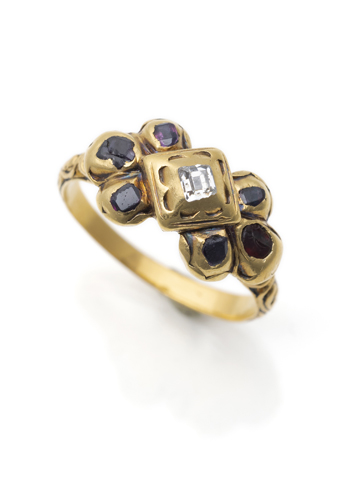 <b>Historismus Ring mit Diamant und Rubinen</b>