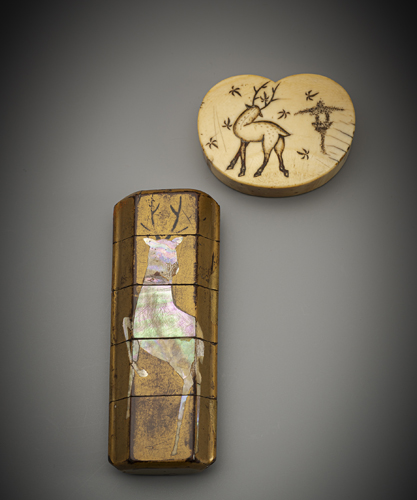 <b>A four-case lacquer inro in Rimpa style with ivory manju</b>