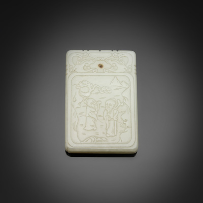 <b>Rechteckige Jade-Plakette mit Figurenszene und Aufschrift</b>