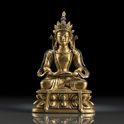 <b>Feuervergoldete Bronze des Amitayus auf einem Lotos mit Einlage</b>
