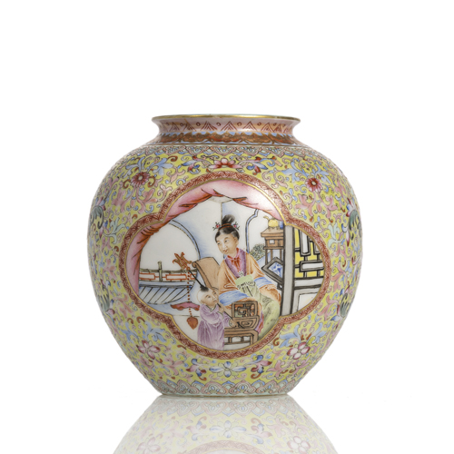 <b>A fine eggshell porcelain vase with 'Famille rose' reserves with ladies, bordered by 'Mille-Fleur' decoration</b> <b>A fine eggshell porcelain vase with 'Famille rose' reserves with ladies, bordered by 'Mille-Fleur' decoration</b>