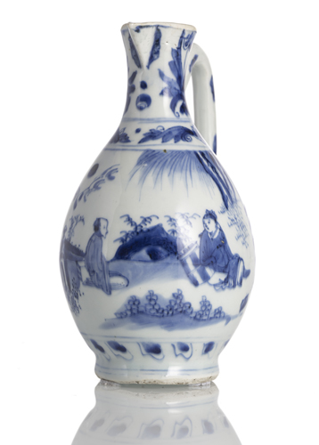<b>A PORCELAIN JUG DECORATED IN UNDERGLAZE BLUE WITH A SCHOLARLY SCENE</b>