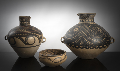 <b>TWO PAINTED POTTERY JARS AND A BASIN</b> <b>TWO PAINTED POTTERY JARS AND A BASIN</b>