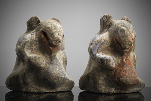 <b>TWO PAINTED POTTERY 'BEAR' SUPPORTS</b> <b>TWO PAINTED POTTERY 'BEAR' SUPPORTS</b>