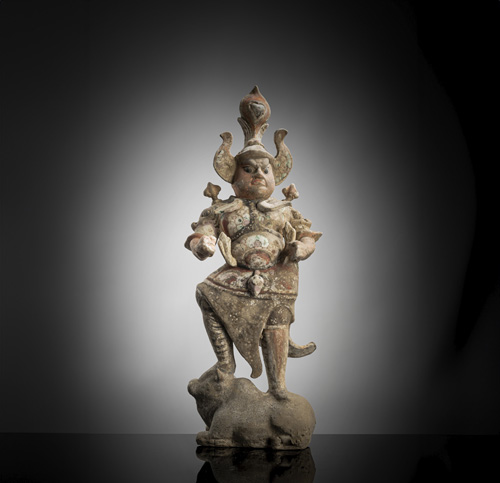 <b>A  COLD PAINTED POTTERY FIGURE OF A LOKAPALA</b>