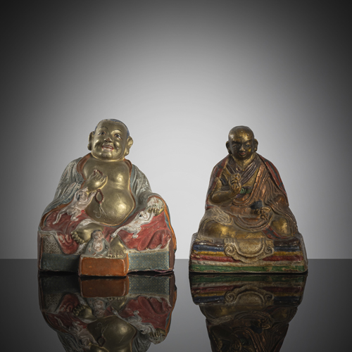 <b>A figure of Ondör Gegeen (Zanabazar 1635 - 1723) and figure of Hva-Shang made of polychrome painted papier-mâché, tsha tsha</b>