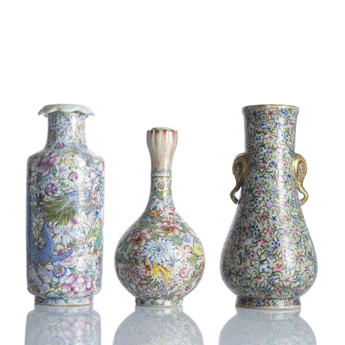 <b>Three porcelain vases with 'Mille Fleur' decoration</b>