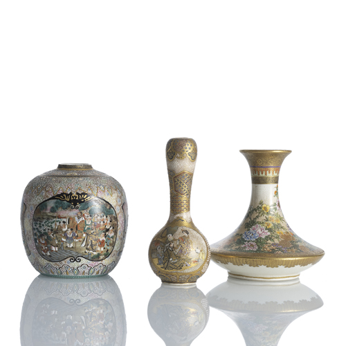 <b>A group of two Satsuma vases and a shoulder pot</b>