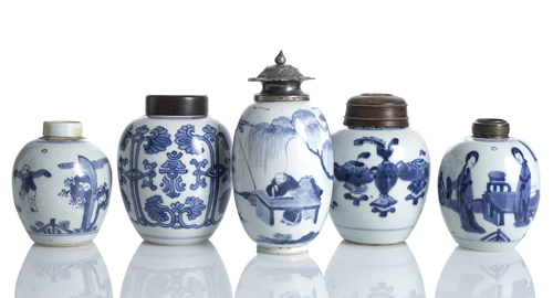 <b>Five porcelain blue and white decorated jars, two with silver and metal mounts respectively</b>