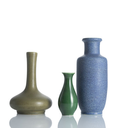 <b>Three monochrome glazed porcelain vases, one with Robin's Egg glaze, one with tea dust glaze</b>