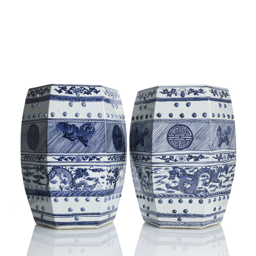 <b>Pair of porcelain garden stools with underglaze blue decoration and Latin inscription</b>