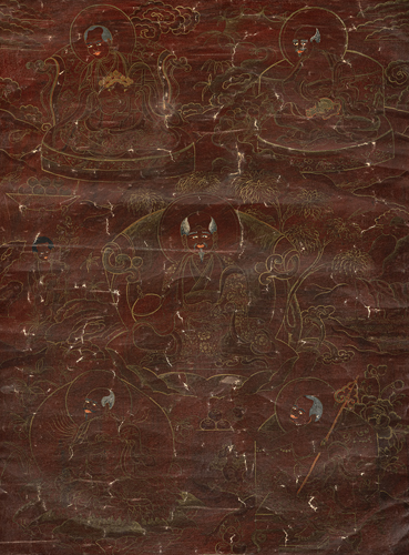 <b>Thangka with five Arhat on a red background</b>