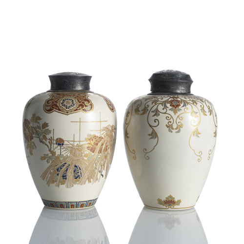 <b>Two ovoid satsuma lidded jars with silver mounts, finely decorated with grasses or flowers</b>