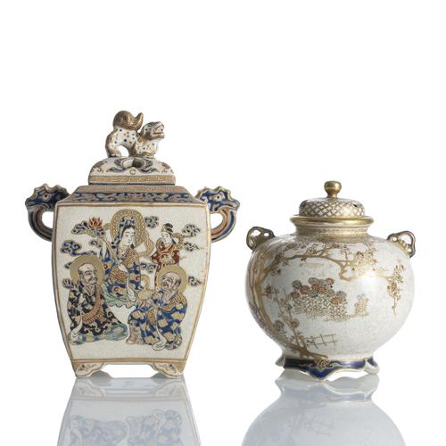 <b>Two satsuma koro, one decorated with rakan, the second with flowering branches and grasses</b>