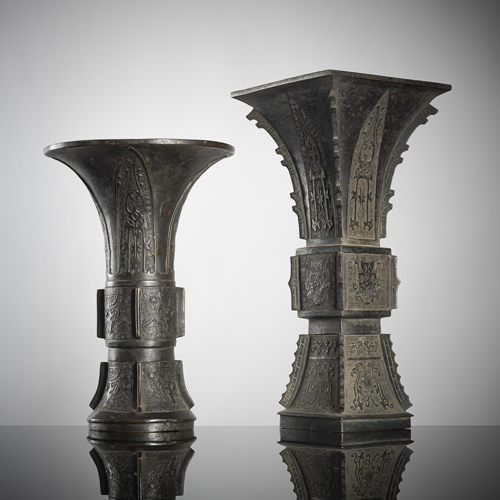 <b>Two bronze vases of  'gu' type in archaic style with lancet leaf decoration</b>
