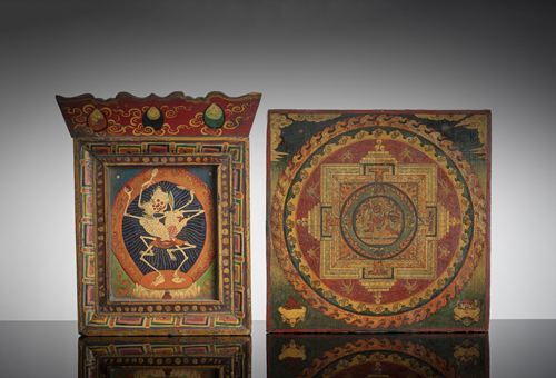 <b>A fine painted wooden mandala of Vajrapani and a wooden shrine with Citipati</b>