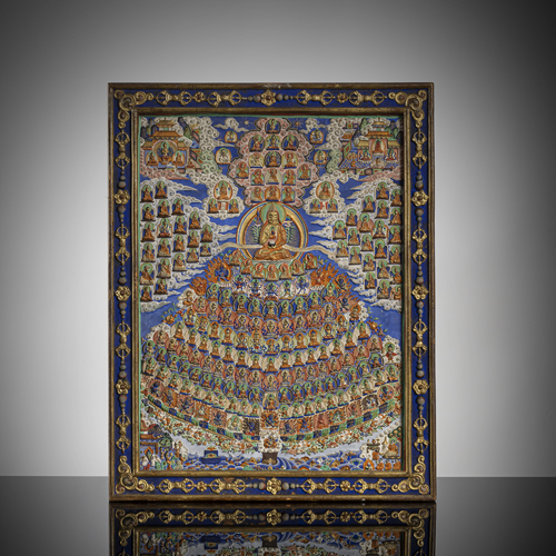 <b>A relief panel of Tsongkhapa made of paper maché  in wooden frame, 2 tsa tsa and 2 gau</b>